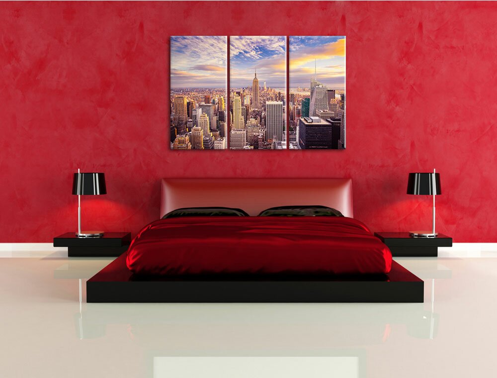 3-tlg. Leinwandbilder-Set „Skyline von New York bei Sonnenuntergang“, Grafikdruck