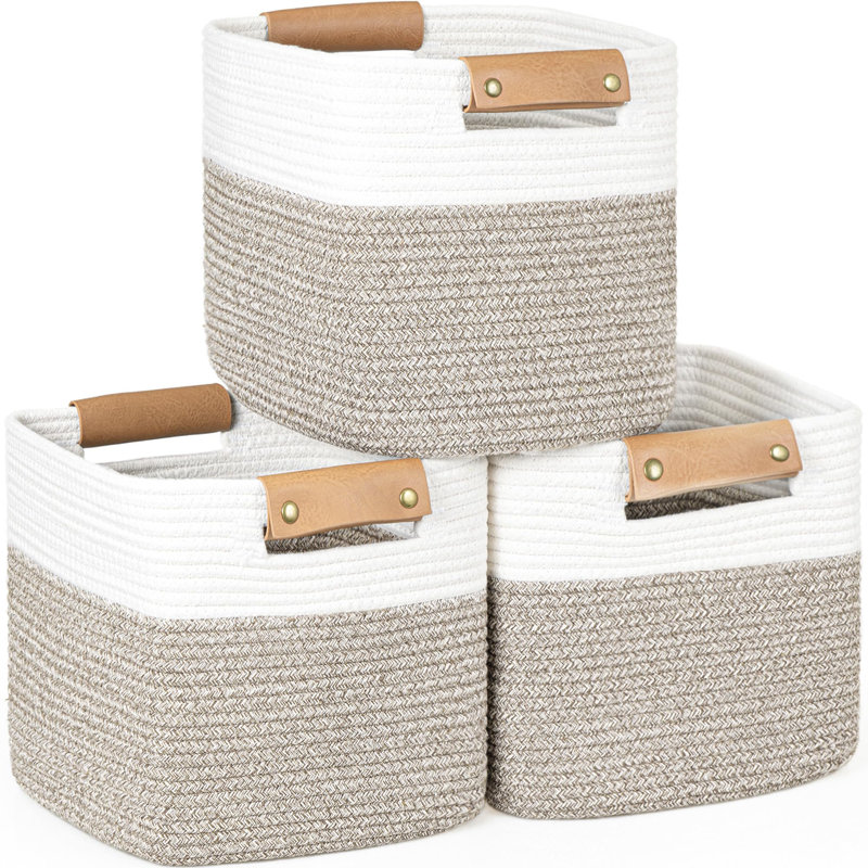 Paniers de rangement 11 pouces, paniers tissés pour l'organisation, 3 cubes de rangement pour tablettes, garde-robe, chambre de bébé avec poignées amovibles en cuir, blanc et brun mélangé
