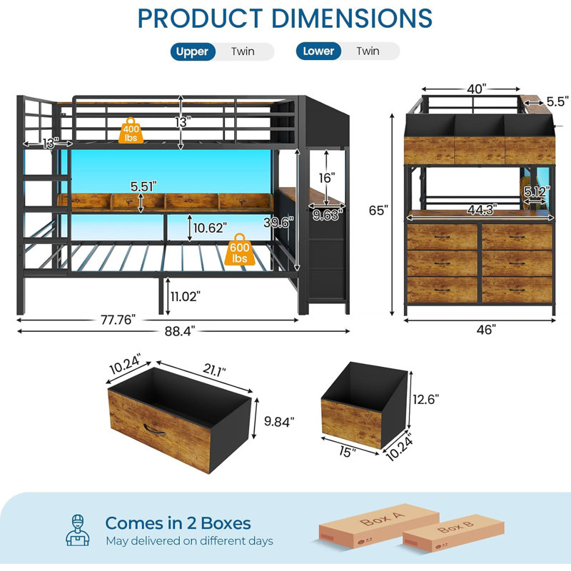 Twin Over Twin Bunk Bed With Led Lights And Charging Station, Twin Size Bunk Beds With 6 Storage Drawers, Side Shelves And Boxes, Black Metal Bunk Bed With Safety Guardrail And Ladder