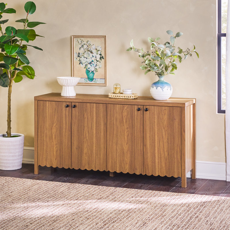 Bathilda 60" Modern Wood Easy Assembly Scalloped Sideboard TV Stand With Cabinet Storage, Medium Brown Oak