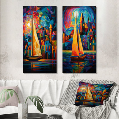 Bateau à voile coloré au port I - ensemble d'art mural de bateau à voile 2 pièces