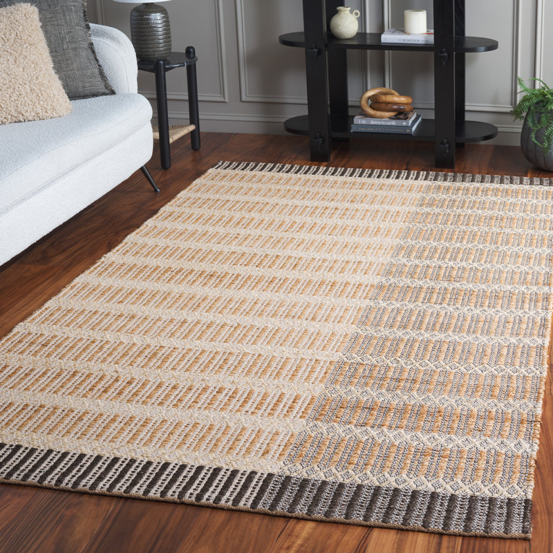 Natural Fiber Hand Woven Jute And Cotton Striped Rug, Rectangle 5' x 8'