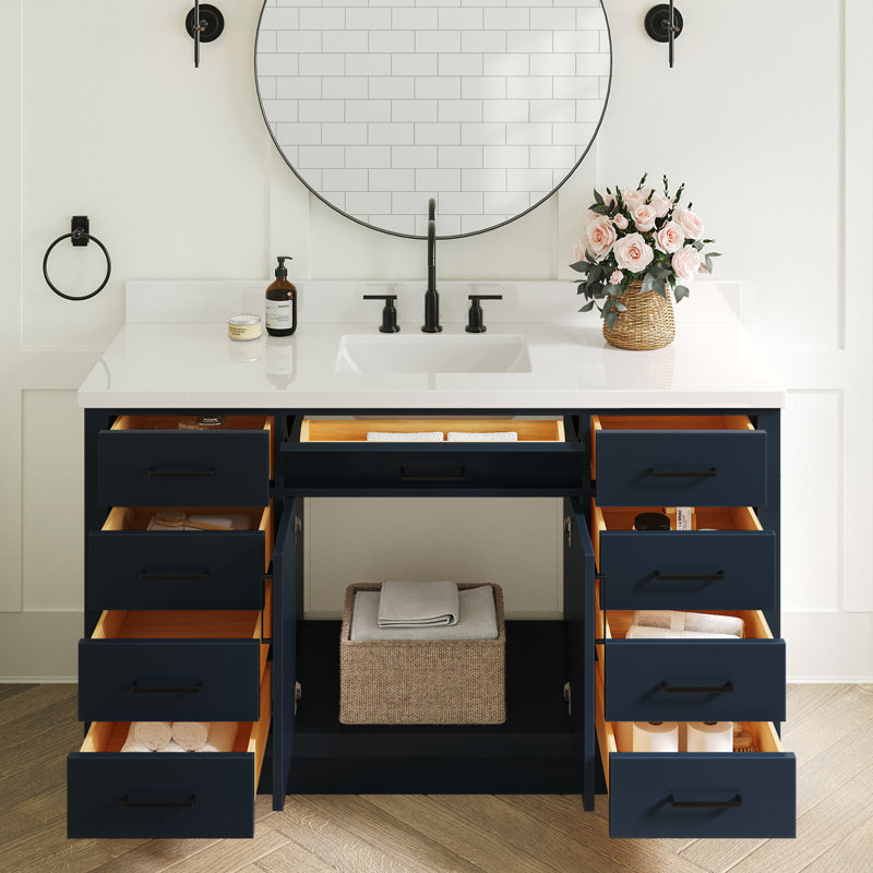 Meuble-lavabo simple en bois massif Tidworth avec plateau en quartz blanc de 1,5 po, Forme rectangulaire, Bleu minuit