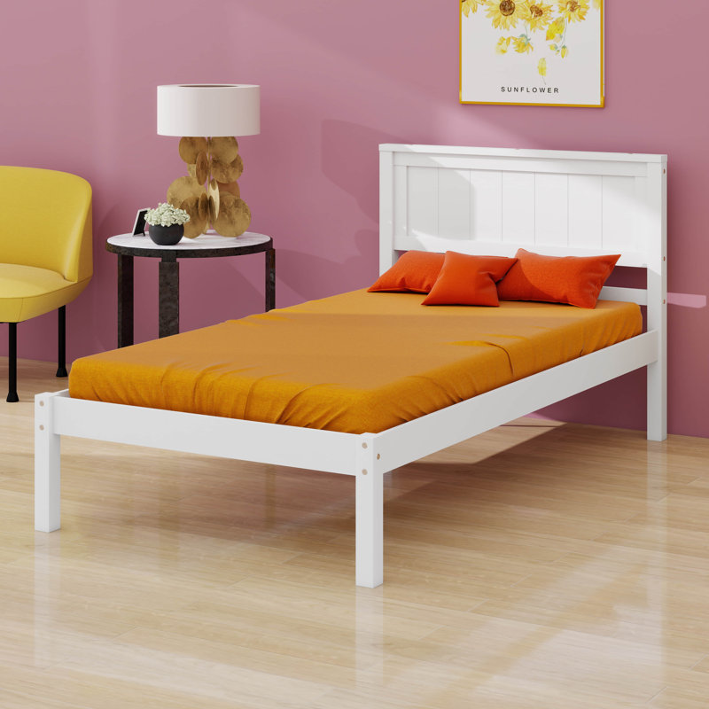 Twin Szie Wood Platform Bed With Headboard And Wood Slat Support, Twin, White