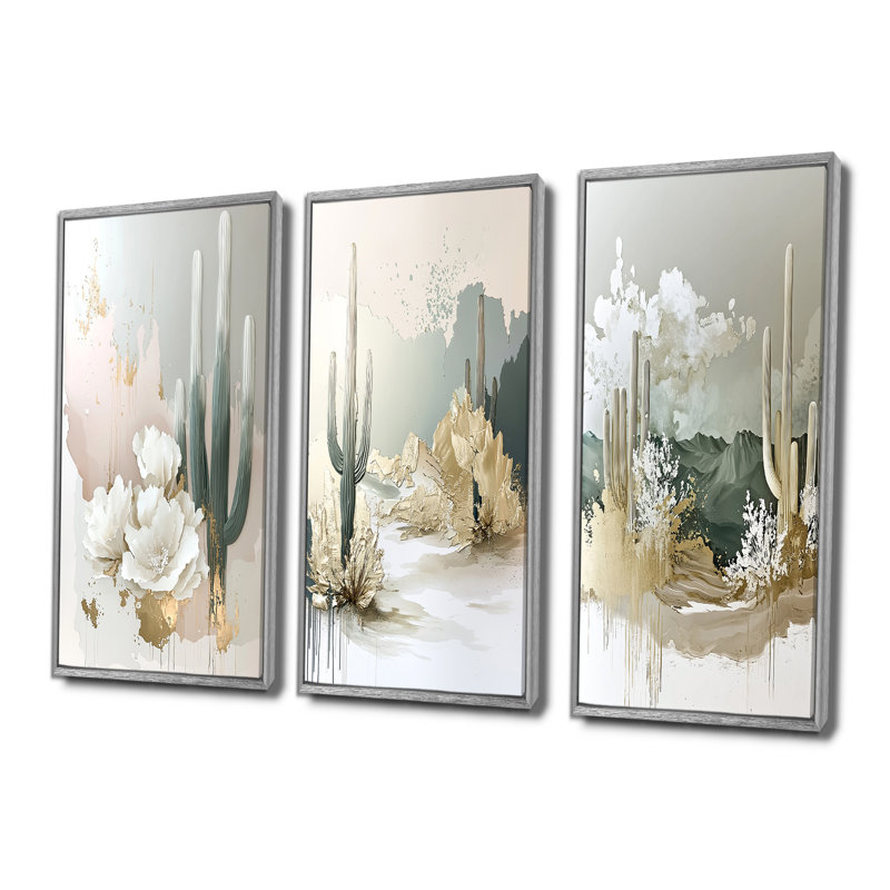 Cactus du désert doré et vert I - Collection d'art mural floral cactus, Argent argent, H 28 po x l 36 po