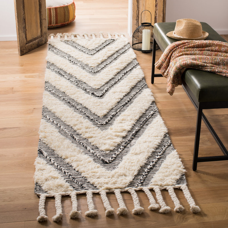Alimatou Hand Knotted Wool/Cotton Geometric Rug in Black/Beige, Runner 2'3" x 6'