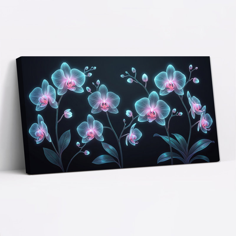 Orchidées bleues et roses sur fond noir, 40“W x 20”H