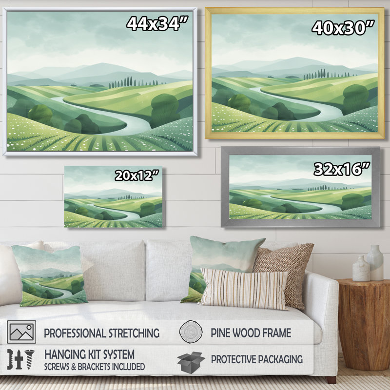 Green Grey Pond Meadows In Tuscany II - Farm Wall Decor, Cadre flottant brun, H 34 po x l 44 po x P 1,5 po