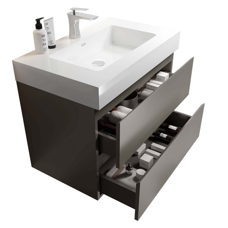 Meuble-lavabo de salle de bain avec lavabo, grand meuble-lavabo flottant mural, Blanc, Tanné