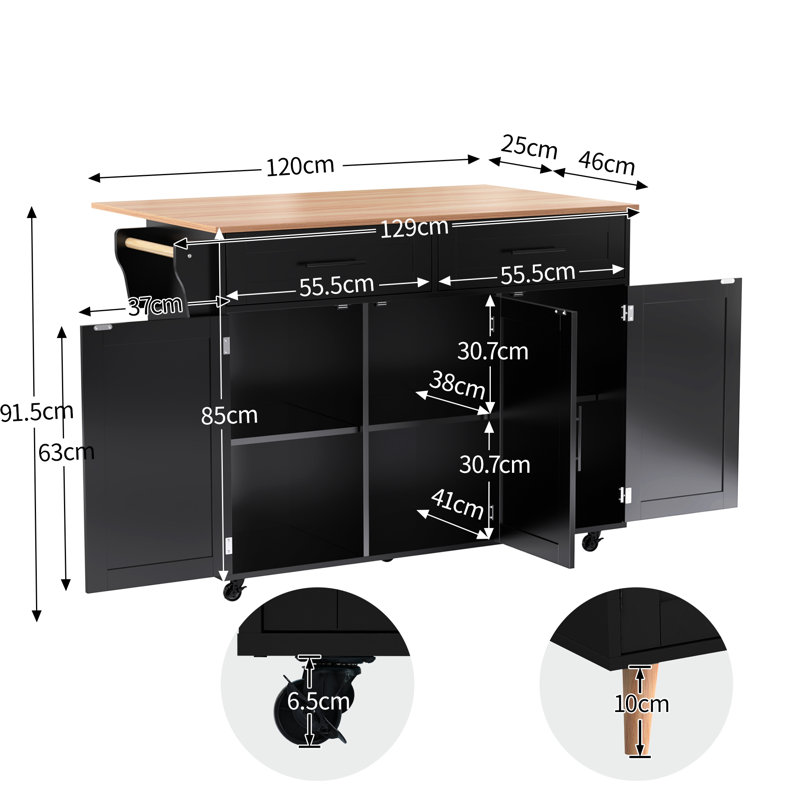 129 cm W Kitchen Cart with, Black