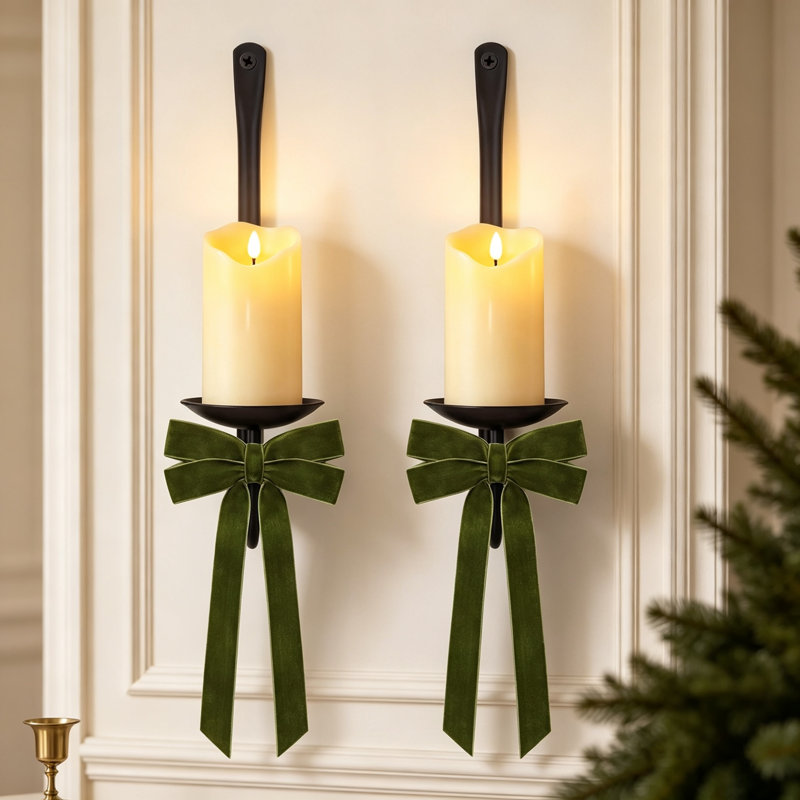 Set of 2 Festive Christmas Wall Candle Sconces, Wall‑Mounted Christmas Candle Holder with Velvet Bows, Pink Wall Decor for Living Room & Fireplace Mantel
