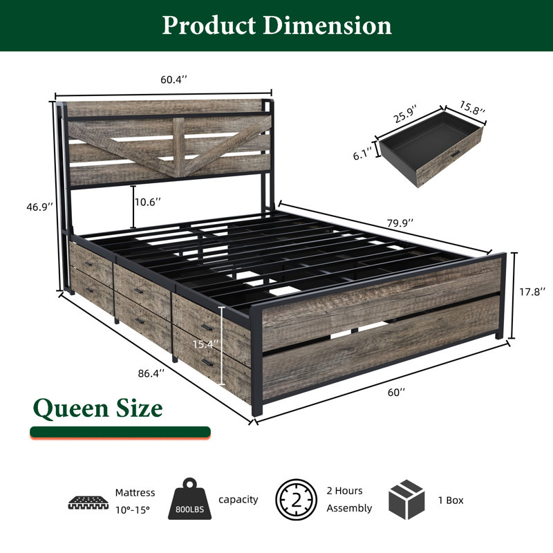 Metal Bed Frame with Storage Bookshelf Headboard and 12 drawers,No box springs required,Silent and non-slip design, Queen