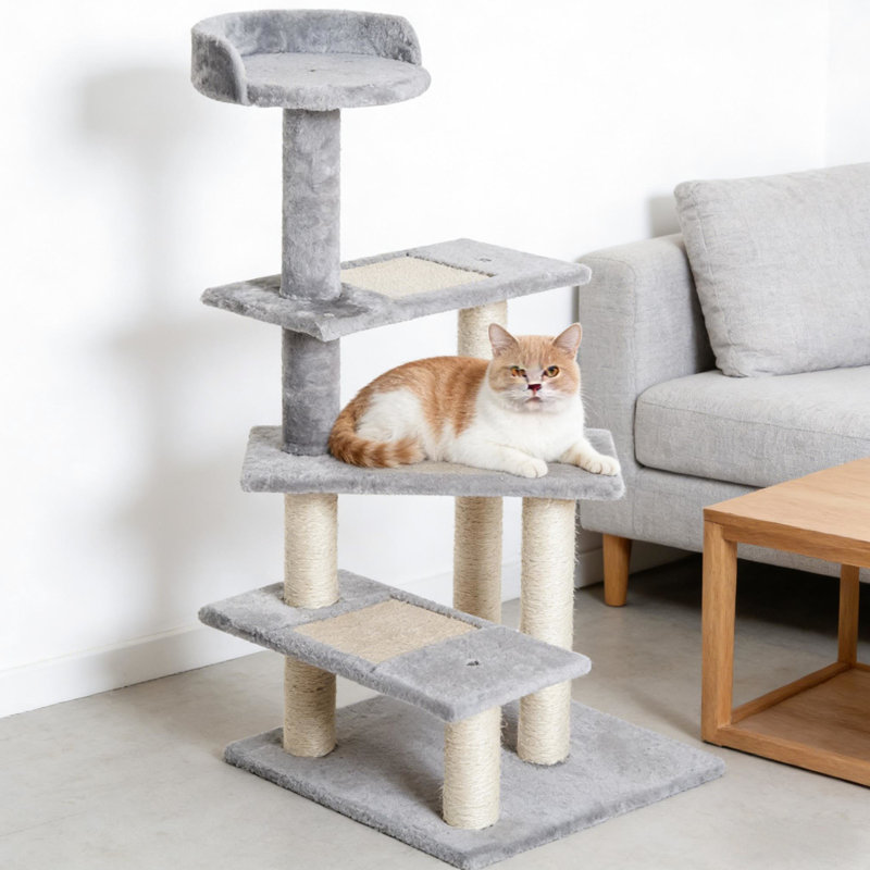 Arbre à chat d'intérieur avec escalier tournant, activité tout-en-un, 4 perchoirs en spirale, meubles, poteaux couverts, tour d'escalier beige, arbre, pour griffer,