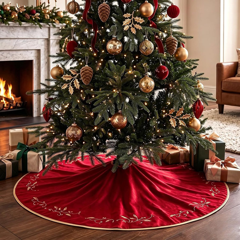 Jupe de sapin de Noël en velours rouge luxueux avec feuilles de houx brodées dorées – Décoration rustique pour le pied du sapin