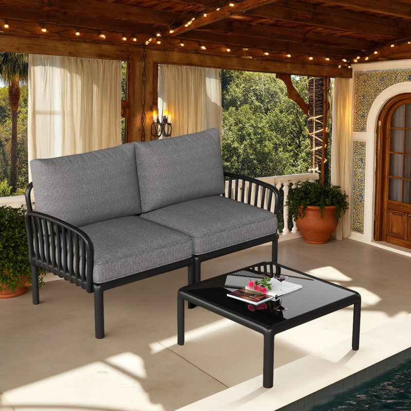 Ensemble de causeuse et table basse d'extérieur en plastique 2 pièces avec coussins épais, Gris foncé, Noir