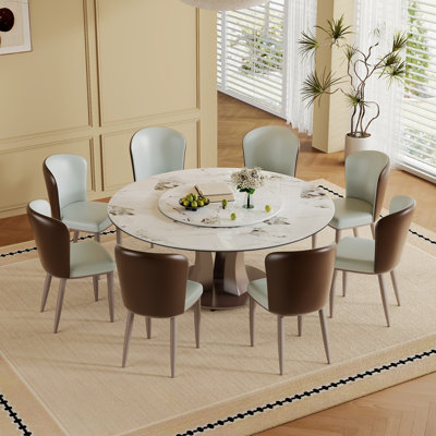 Table de salle à manger 59 po ronde avec plateau tournant rotatif résistant et résistant à la chaleur pour la salle à manger et la cuisine (8 chaises)
