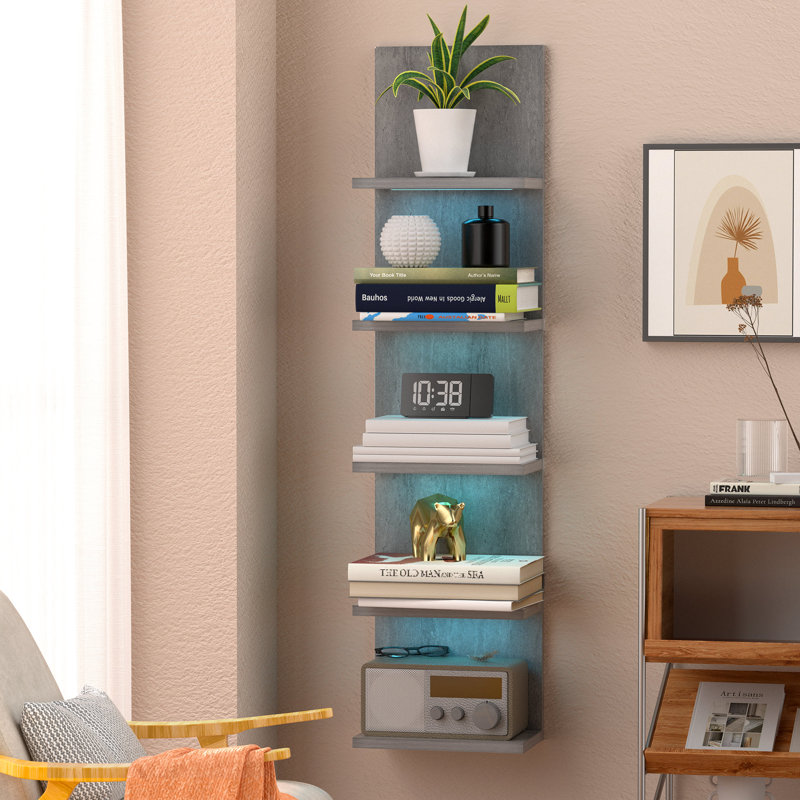 5-Tier Floating Wall Shelf with Bulit-in RGB Lights, Gray