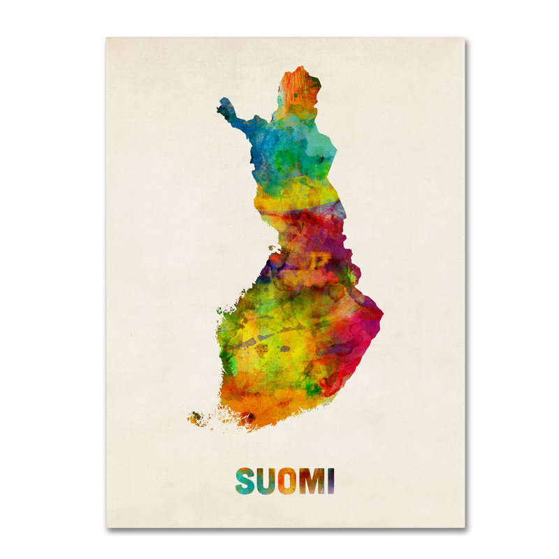 Carte finlande aquarelle, impression sur toile tendue, H 19 po x l 14 po x P 2 po