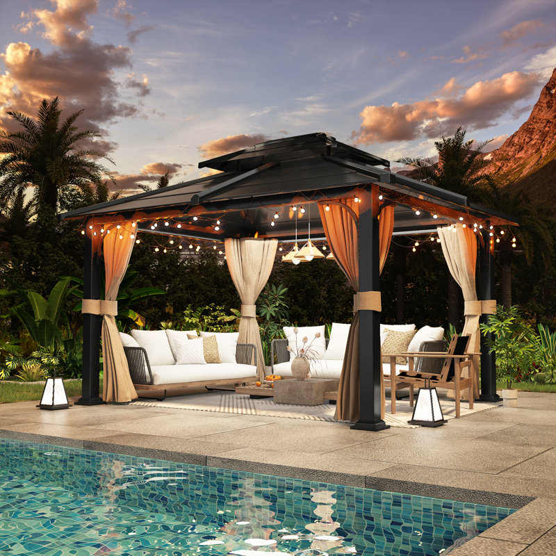 Pavillon de jardin l 12 pi x P 10 pi avec toit double couche, structure en fer résistant à la rouille, moustiquaire et rideaux d'intimité - gris foncé