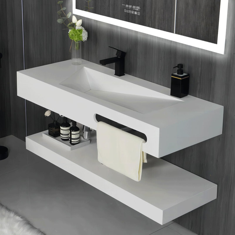48" x 19" Double Layers Floating Vanity Stone Resin Wall-Mounted Vessel