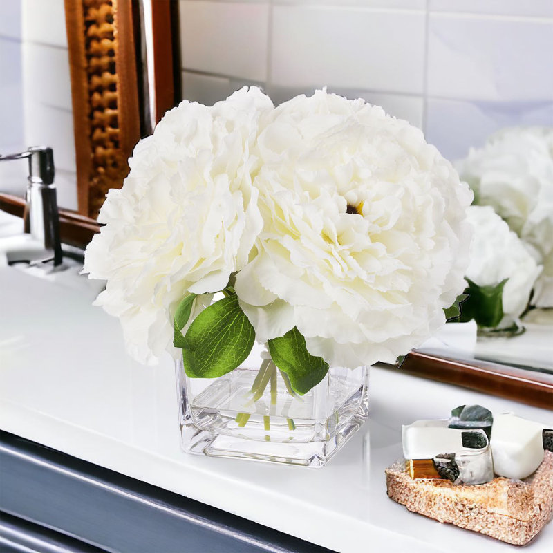 Silk Peony Arrangement in Vase, Cream