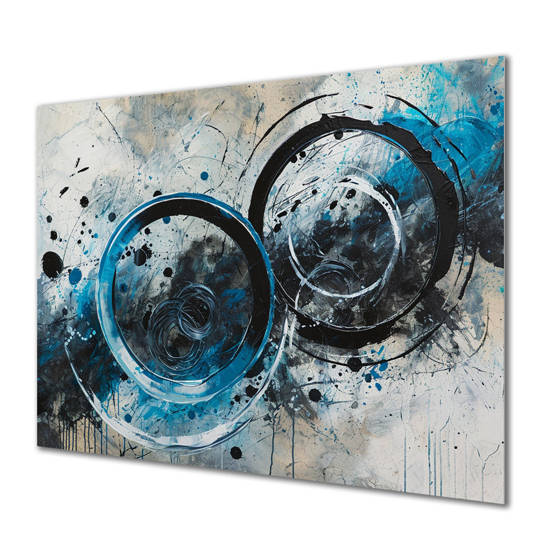 Cercles noirs fusionnant des éclaboussures bleues - spirale abstraite, art mural, Métal métal, H 24 po x l 32 po x P 1 po