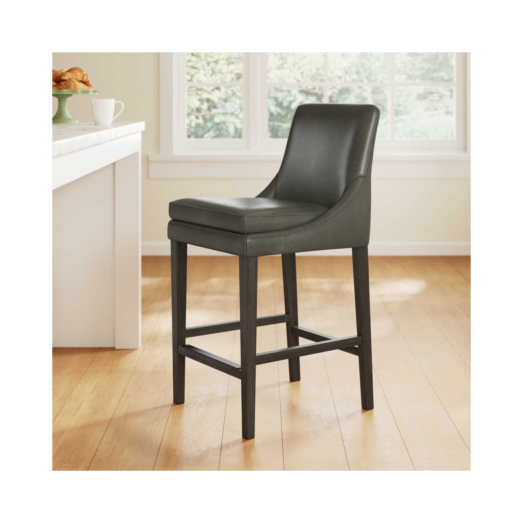Niara Leather Stool, Copley Slate Faux Leather/Brown, Counter Stool (26” Seat Height)