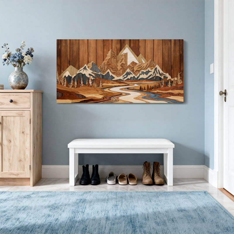 Paysage et nature, chaîne de montagnes, forêt, art en bois, H 28 po x l 58 po