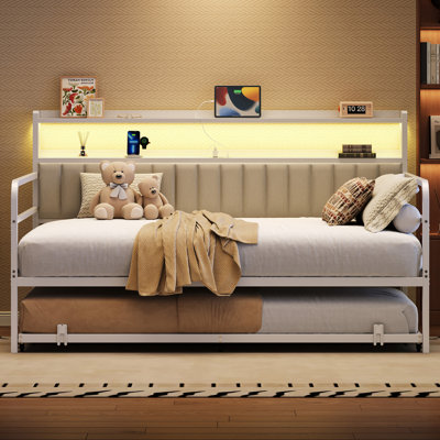Daybed With Pull Out Trundle, 2-Tier Storage Shelves And Upholstered Headboard, Twin Day Bed With Led Lights And Charging Station, Metal Platform Bed Frame For Living Room, Bedroom