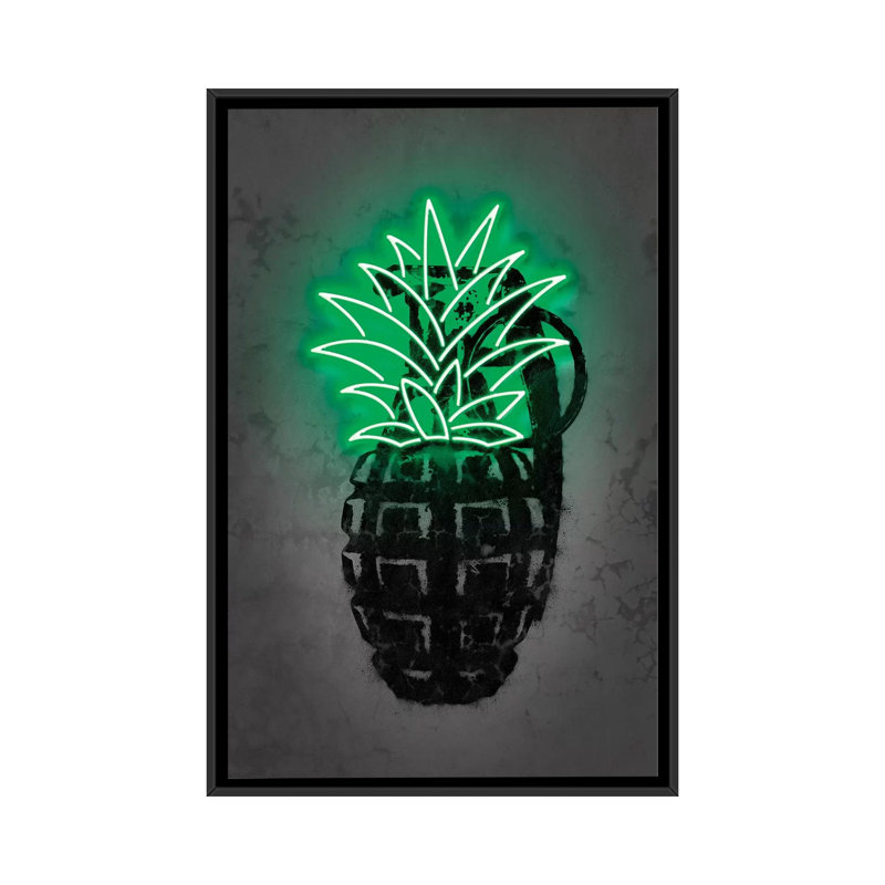 Impression d’art graphique, "Pineapple" par Octavio Mielu, Toile avec cadre noir, Pas de tapis, H 26 po x l 18 po x 1,5 po