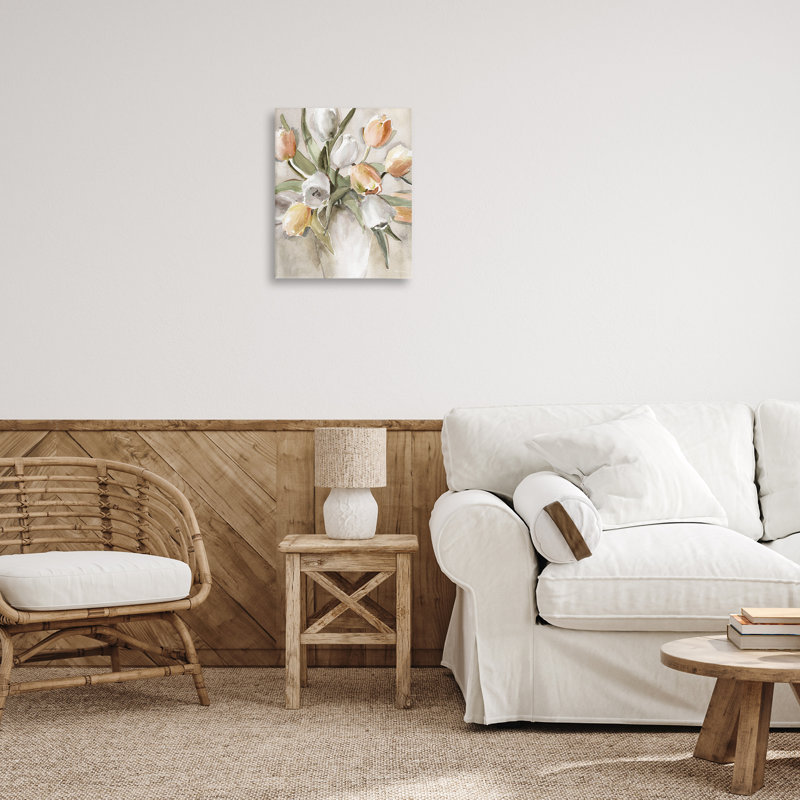 «Peach Tulips Bouquet», art mural par Carol Robinson, H 20 po x l 16 po