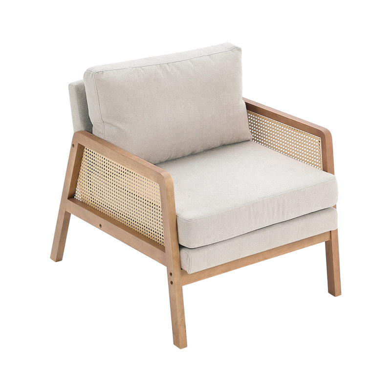 Wood Frame Upholstered Armchair Accent Chair, Beige Velvet, 86" H x 71" W x 87" D