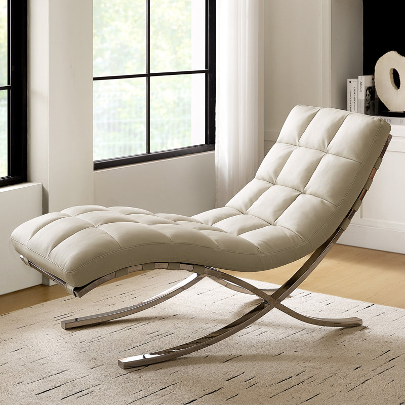 Estevan Classic Midcentury Modern Genuine Leather Chaise Lounge Chair with Channel Tufted, Beige