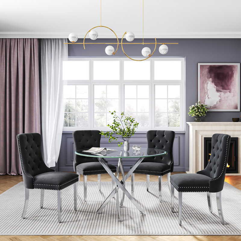Ensemble repas, 5 pièces: table, 4 chaises, Noir / argent, Argent argent