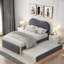 Lit plateforme tapissier avec pieds de support en bois et lit gigogne simple Madilyne-2008956529-2008956528