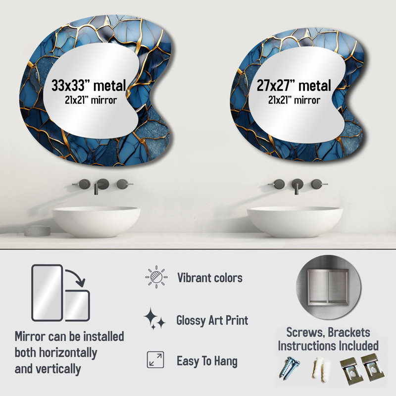 Gold and Blue Marble Mosaic Agate III - Abstract Unique Shape Large Mirror, Modern Asymmetrical Decorative Wall Mirror, Printed Metal Art
