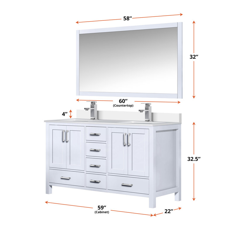 Jacques 60 in. W x 22 in. D Double Bath Vanity, Faucet Set and 58 in. Mirror, White Quartz, White