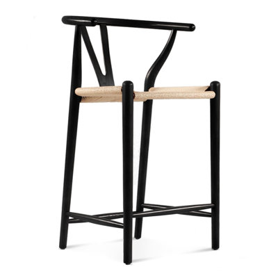 Tabouret de comptoir avec revêtement en teinture noire, fabrication en bois de frêne massif, assise en corde de papier tissée à la main, finition traitée à l'huile, revêtement en feu, 21 po de largeur, 36,6 po de hauteur, avec surface, 22 po de profondeur, largeur