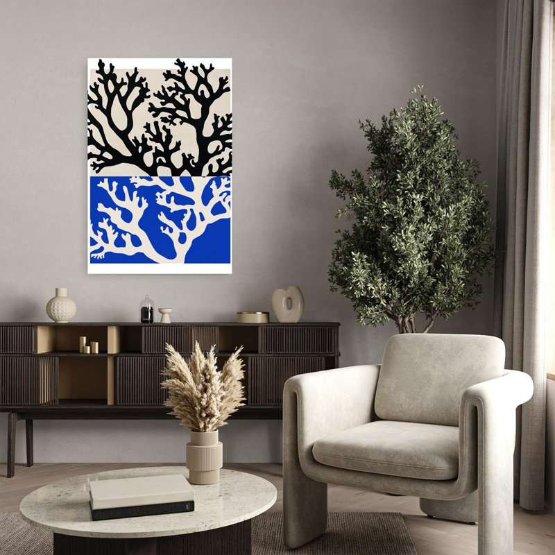 Tableau mural abstrait moderne et organique à contraste de corail, représentant l'océan et la nature organique.