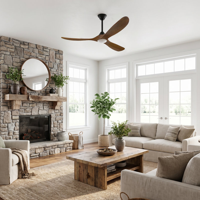 Ventilateur de plafond en bois massif à 3 pales avec lumière, ventilateur de ferme moderne, application intelligente et télécommande, moteur CC réversible silencieux, 6 vitesses, lumière DEL à intensité variable