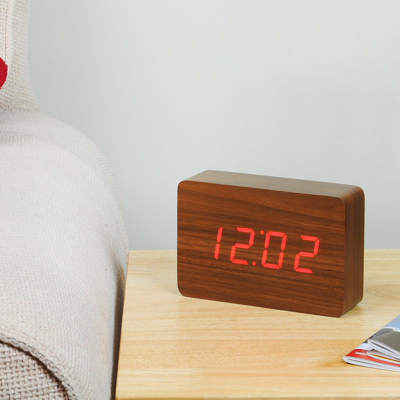 Sleek & Chic Modern Digital Birch Solid Wood Electric Alarm Tabletop Clock, Walnut/Red