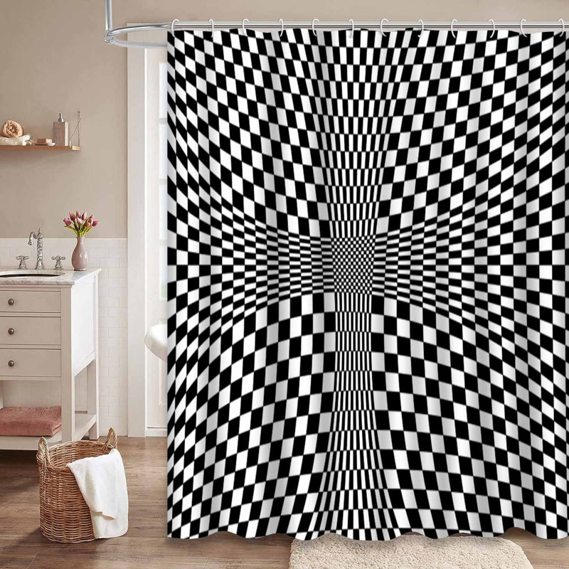 Rideau de douche abstrait géométrique à carreaux noir abstrait avec 12 crochets, 72" L x 78" W