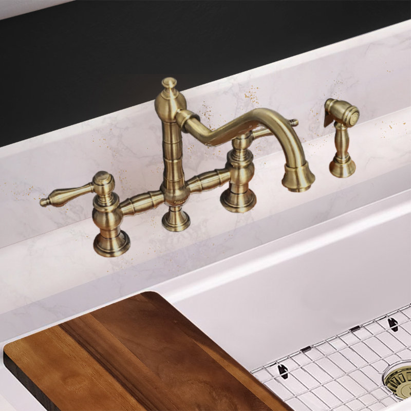 Hailey Vintage III Plus Bridge Faucet with Long Traditional Swivel Spout Lever Handles and Solid Side Spray, Antique Brass