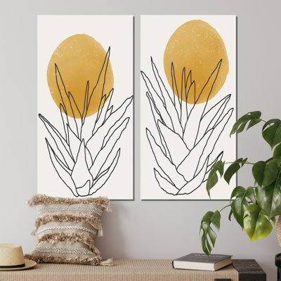 «Yellow Botanical Abstract Leaves II», ensemble de 2 peintures