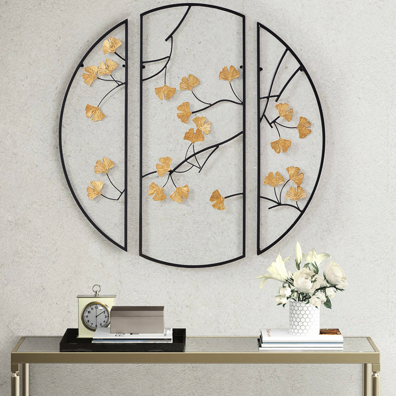 Chic art mural en métal 3 avec feuilles de ginkgo dorées et cadre noir, décor captivant