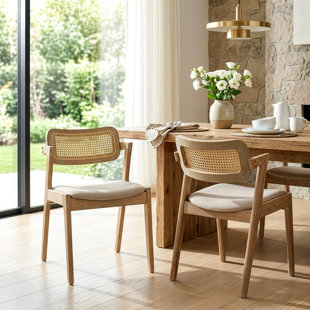 Ensemble de 2 chaises de salle à manger en tissu beige Azula avec dossier en rotin et pieds en bois délavé (Ensemble de 2)