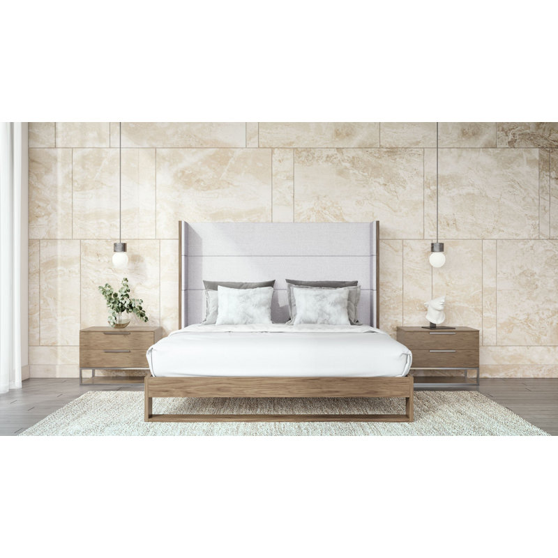 King Walnut Wood Frame Upholstered Wingback Bed with Tufted Headboard