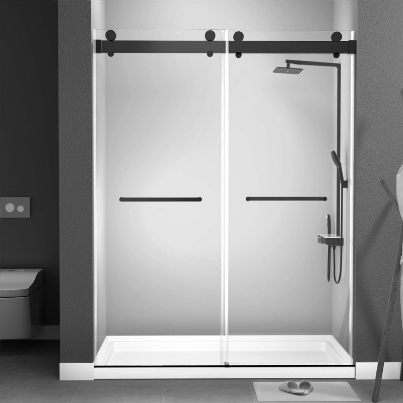 Porte de douche coulissante sans cadre de l 68 po x l 72 po x H 79 po avec verre trempé à fermeture douce améliorée, Noir