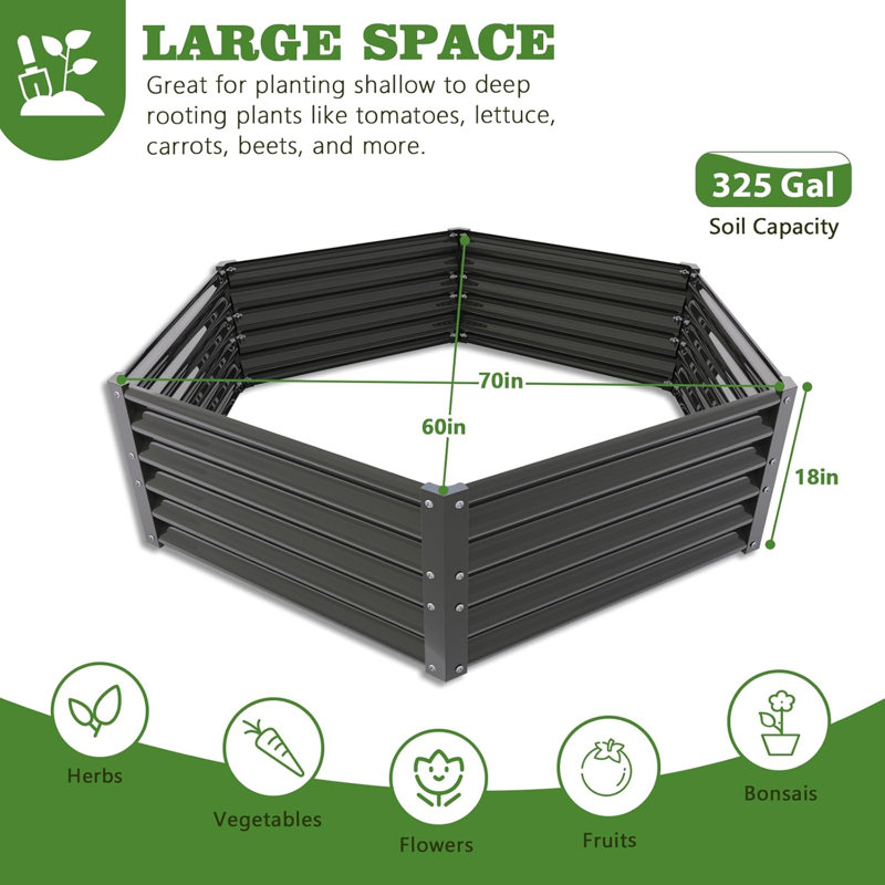 Jardinière surélevée galvanisée Hexagon 70x60x18, Gris