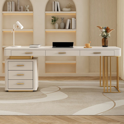 Bureau de direction blanc rectangulaire en pierre frittée avec 6 tiroirs